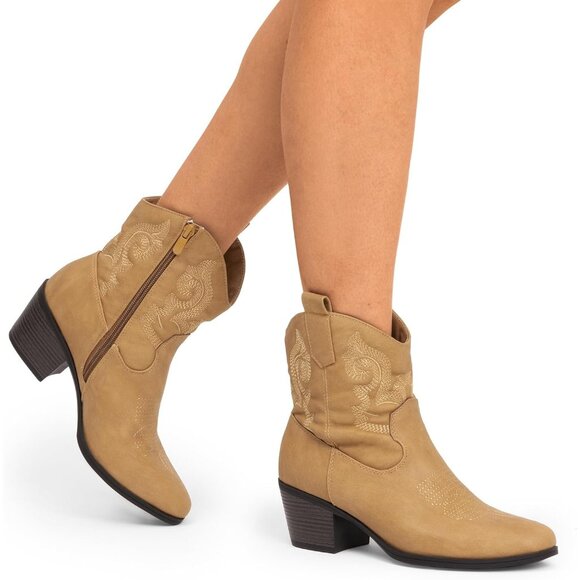 DREAM PAIRS Ankle Boots Women's Tan Leather Fashion Low chunky Heel Round Toe - Picture 7 of 7